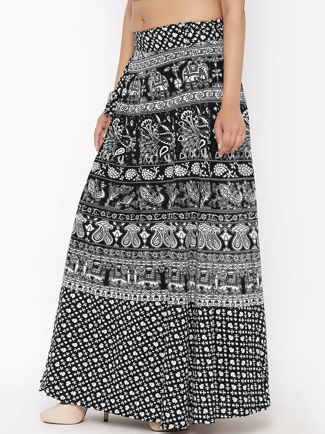 Black & White Floral Printed Cotton Wrap Around Skirt | Vintage Bohemian Maxi Skirt for Women