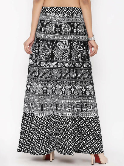 Black & White Floral Printed Cotton Wrap Around Skirt | Vintage Bohemian Maxi Skirt for Women