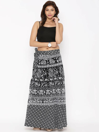 Black & White Floral Printed Cotton Wrap Around Skirt | Vintage Bohemian Maxi Skirt for Women