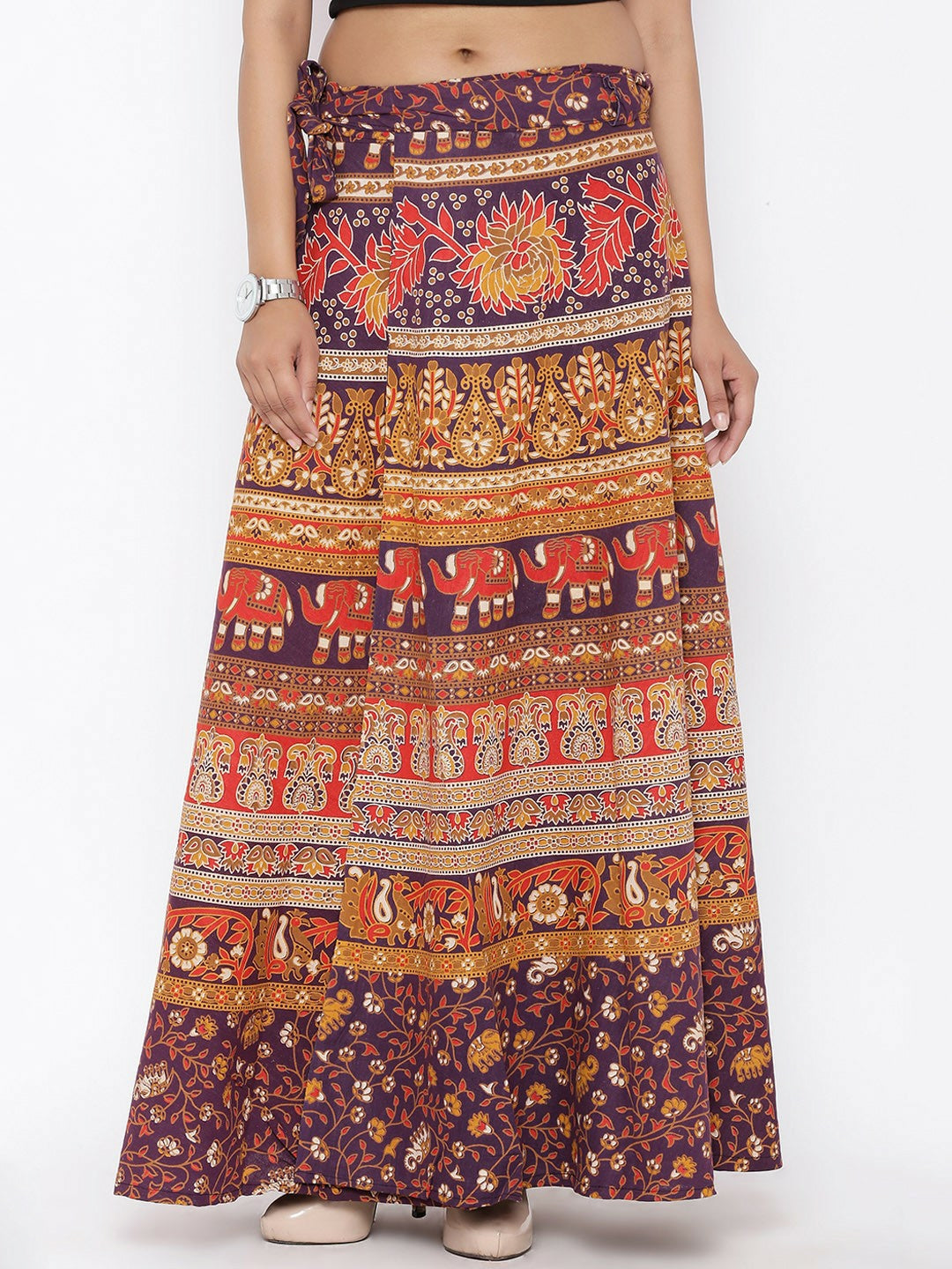 Brown Ethnic Print Wrap-Around Maxi Skirt for Women | Bohemian Vintage Style Skirt with Tie-Up Waistband