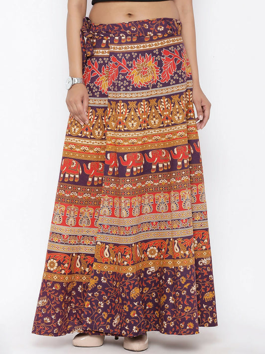 Brown Ethnic Print Wrap-Around Maxi Skirt for Women | Bohemian Vintage Style Skirt with Tie-Up Waistband