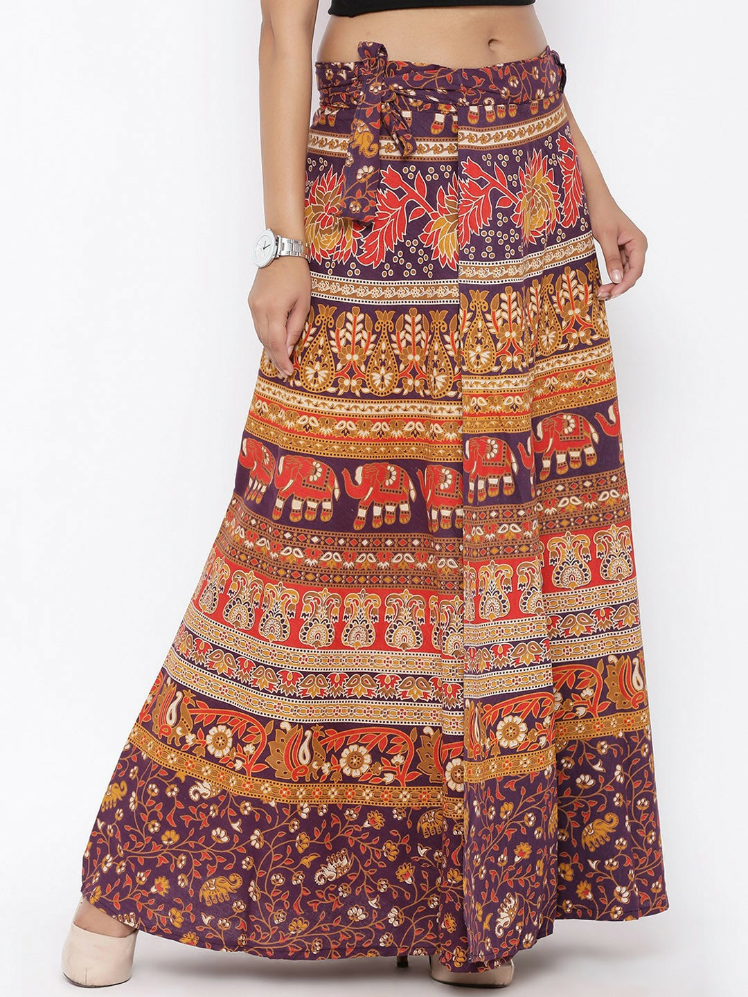 Brown Ethnic Print Wrap-Around Maxi Skirt for Women | Bohemian Vintage Style Skirt with Tie-Up Waistband