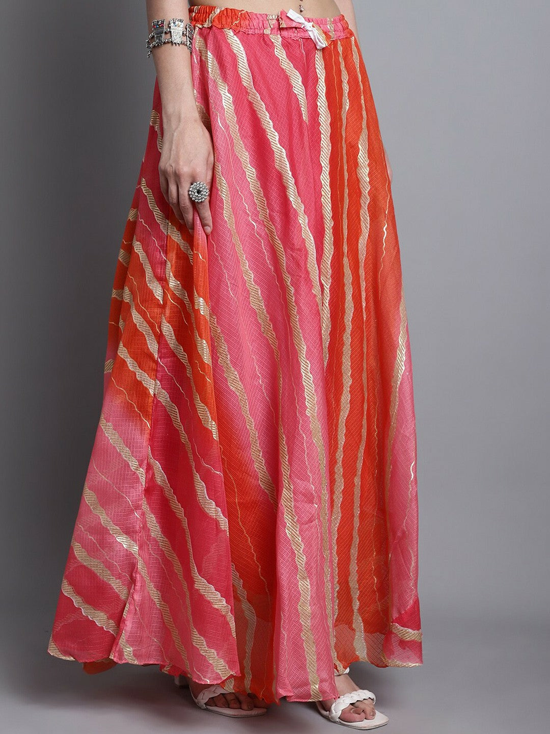 Vintage Bohemian Pink Printed Cotton Flared Maxi Skirt for Women | Boho Style with Elastic Waistband