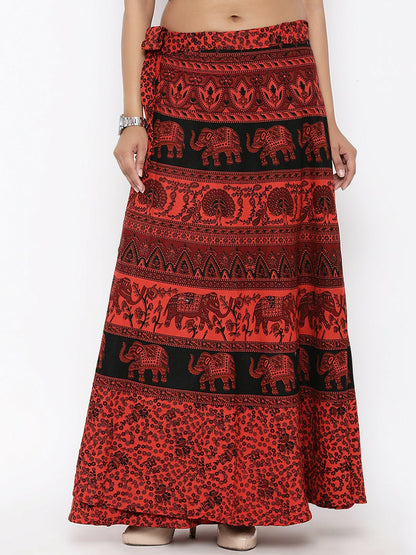 Vintage Bohemian Red & Black Printed Wrap Maxi Skirt for Women | Boho Style with Flared Hem