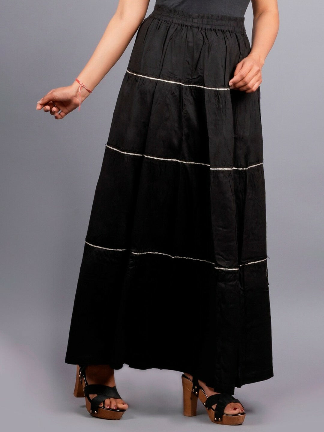 Black Flared Maxi Tulle Skirt for Women | Vintage-Inspired Skirt with Striped Detail