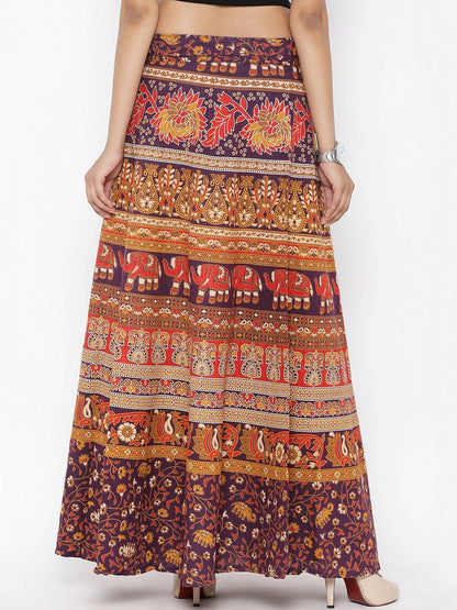 Brown Ethnic Print Wrap-Around Maxi Skirt for Women | Bohemian Vintage Style Skirt with Tie-Up Waistband