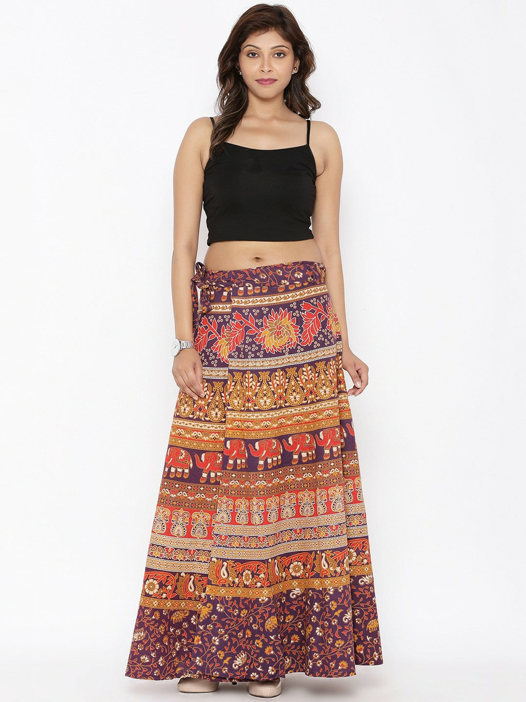 Brown Ethnic Print Wrap-Around Maxi Skirt for Women | Bohemian Vintage Style Skirt with Tie-Up Waistband