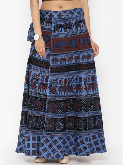 Navy Blue Ethnic Print Bohemian Wrap-Around Maxi Skirt for Women | Vintage Boho Style