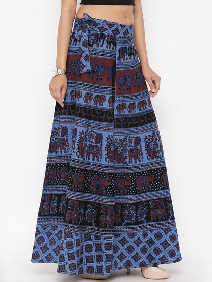 Navy Blue Ethnic Print Bohemian Wrap-Around Maxi Skirt for Women | Vintage Boho Style