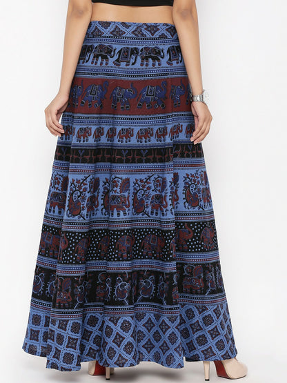 Navy Blue Ethnic Print Bohemian Wrap-Around Maxi Skirt for Women | Vintage Boho Style