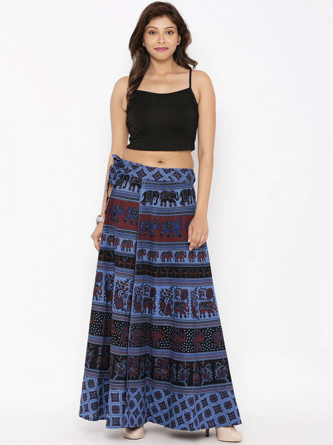 Navy Blue Ethnic Print Bohemian Wrap-Around Maxi Skirt for Women | Vintage Boho Style