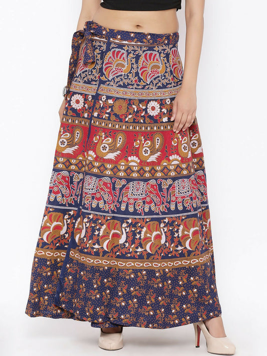 Navy Blue & Red Ethnic Print Bohemian Maxi Skirt | Wrap-Around Flared Boho Skirt for Women