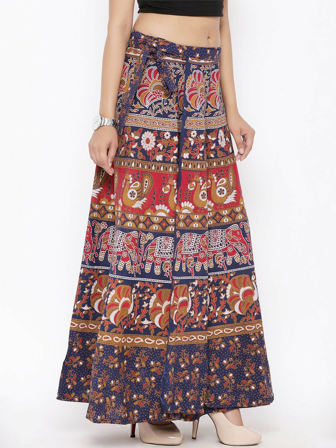 Navy Blue & Red Ethnic Print Bohemian Maxi Skirt | Wrap-Around Flared Boho Skirt for Women