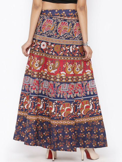 Navy Blue & Red Ethnic Print Bohemian Maxi Skirt | Wrap-Around Flared Boho Skirt for Women