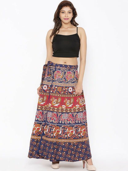 Navy Blue & Red Ethnic Print Bohemian Maxi Skirt | Wrap-Around Flared Boho Skirt for Women