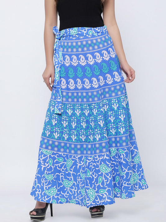 Blue & White Printed Wrap-Around Maxi Skirt for Women | Boho Vintage Style Pure Cotton Skirt