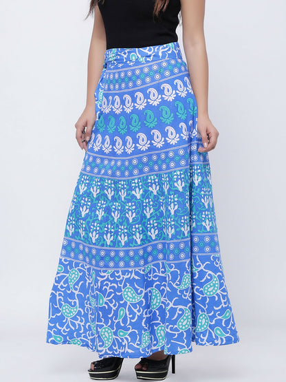 Blue & White Printed Wrap-Around Maxi Skirt for Women | Boho Vintage Style Pure Cotton Skirt