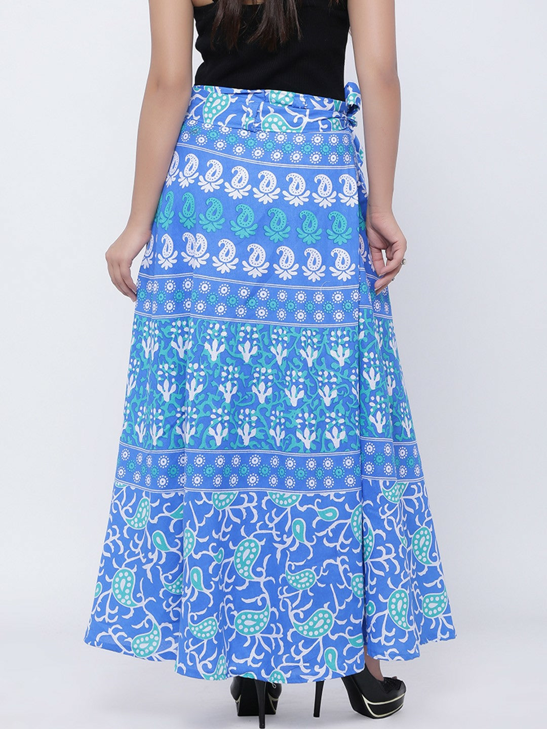 Blue & White Printed Wrap-Around Maxi Skirt for Women | Boho Vintage Style Pure Cotton Skirt