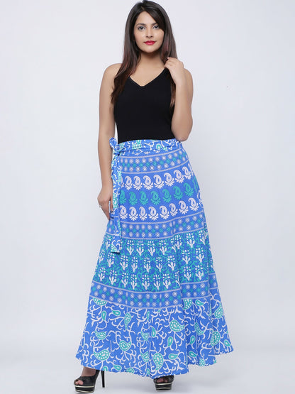 Blue & White Printed Wrap-Around Maxi Skirt for Women | Boho Vintage Style Pure Cotton Skirt