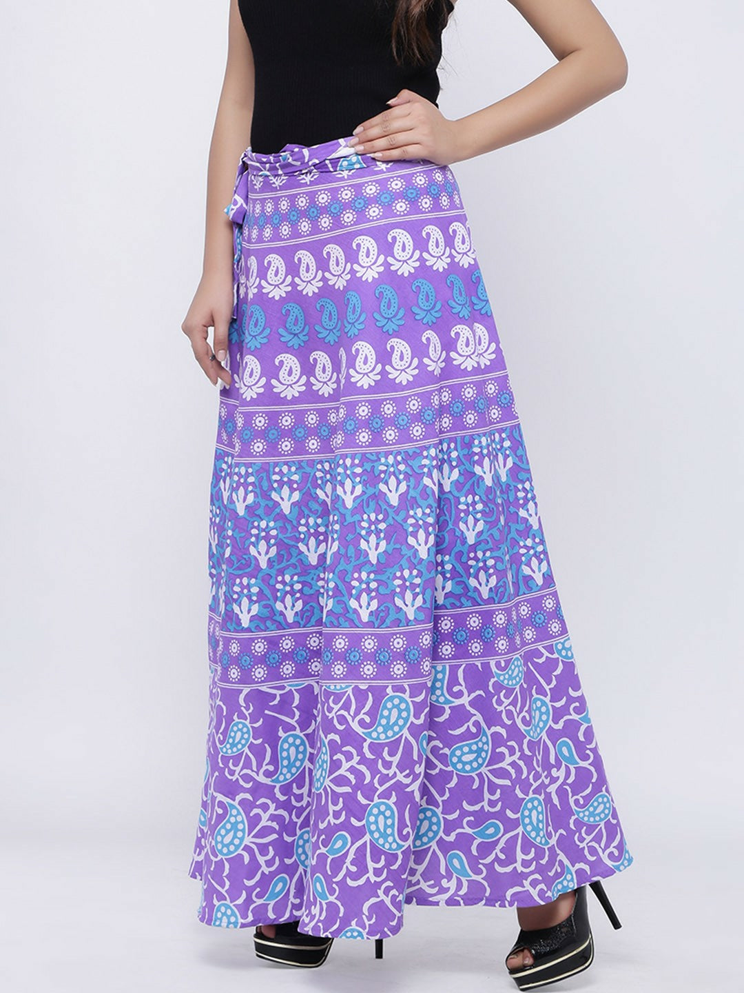 Purple & Blue Ethnic Print Bohemian Wrap-Around Maxi Skirt | Pure Cotton | Vintage Style