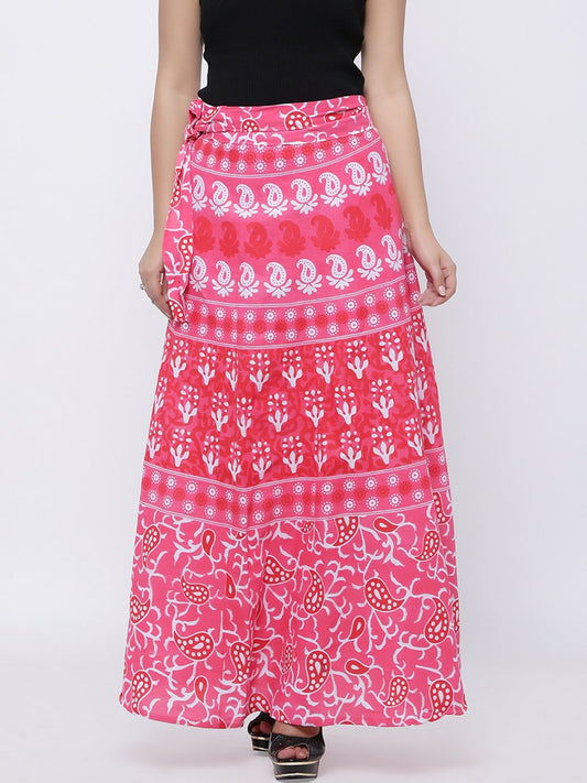 Pink & White Ethnic Print Wrap-Around Maxi Skirt | Boho Cotton Skirt for Women