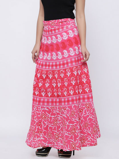 Pink & White Ethnic Print Wrap-Around Maxi Skirt | Boho Cotton Skirt for Women