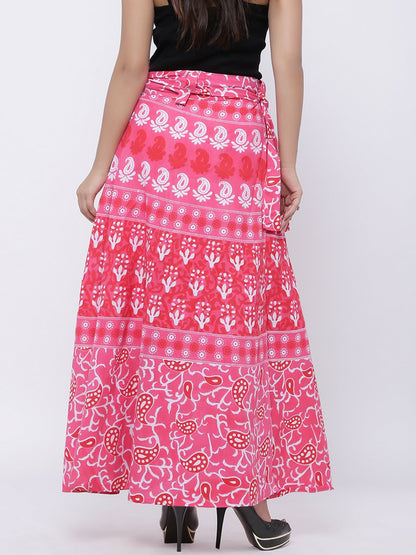 Pink & White Ethnic Print Wrap-Around Maxi Skirt | Boho Cotton Skirt for Women