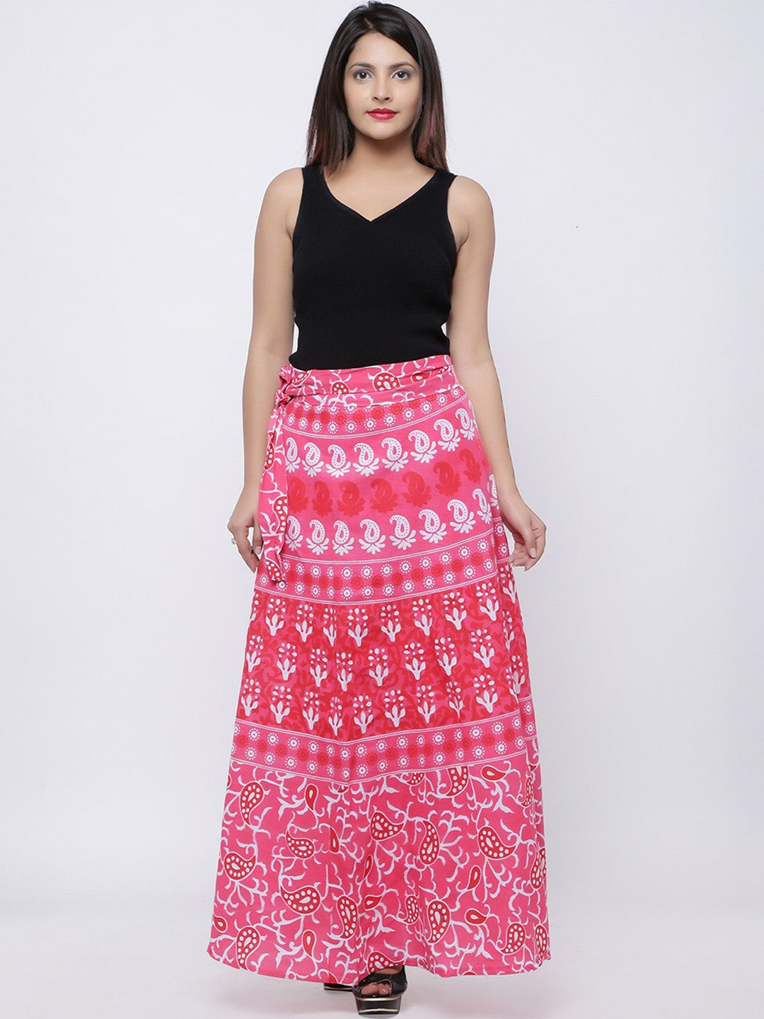 Pink & White Ethnic Print Wrap-Around Maxi Skirt | Boho Cotton Skirt for Women