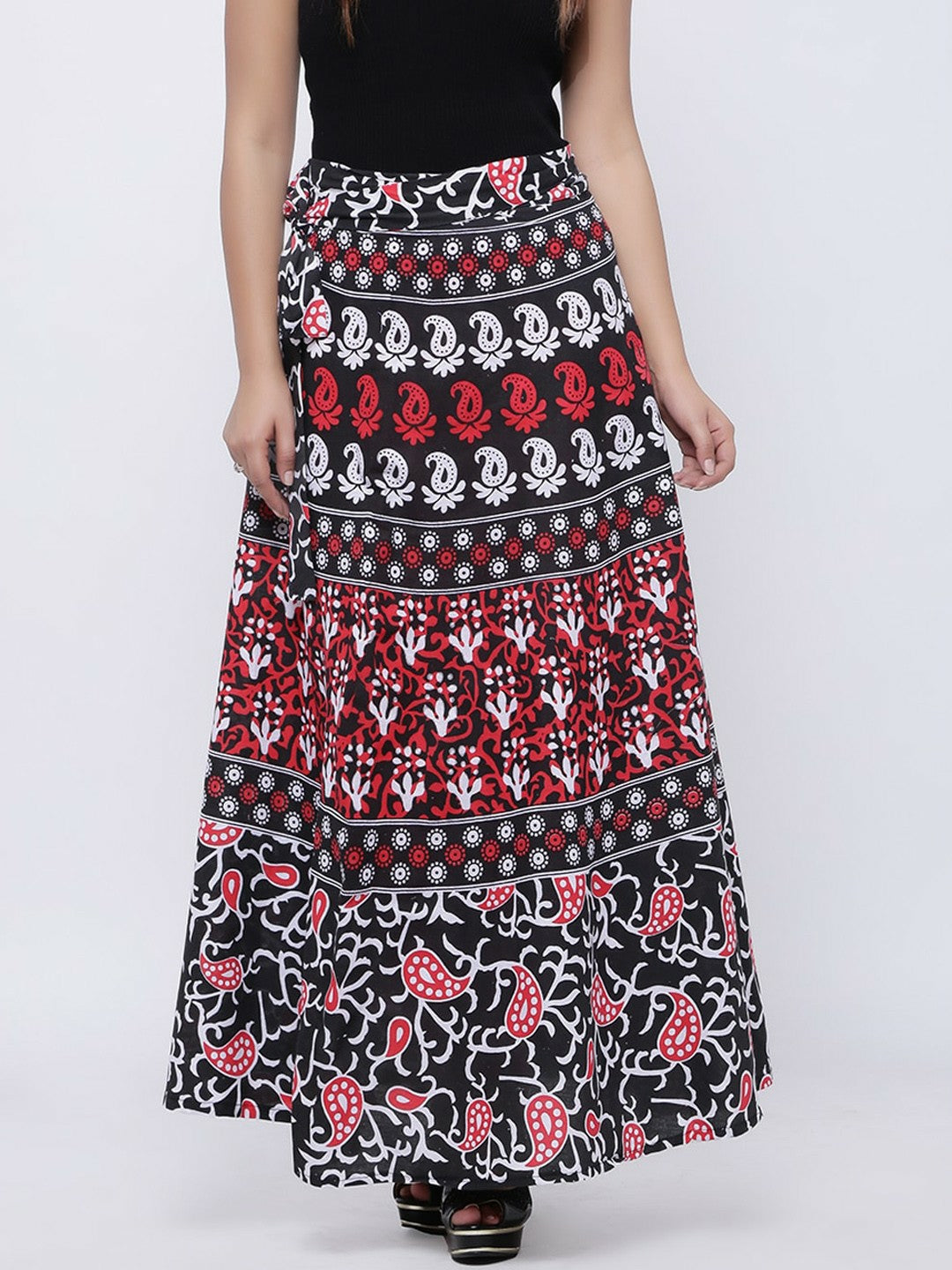 Boho Vintage Printed Wrap Around Maxi Skirt for Women | Elastic Waistband & Flared Hem