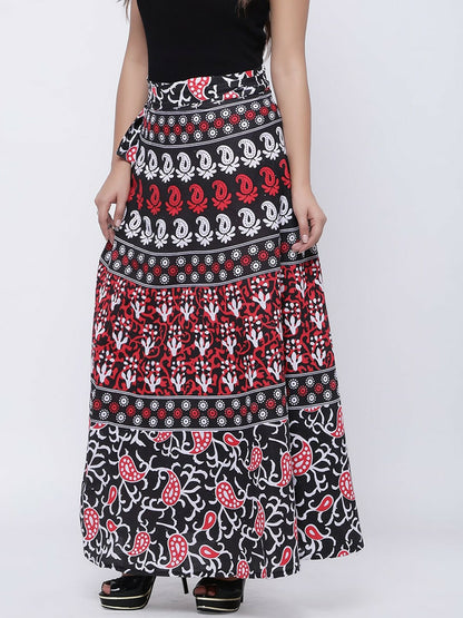 Boho Vintage Printed Wrap Around Maxi Skirt for Women | Elastic Waistband & Flared Hem