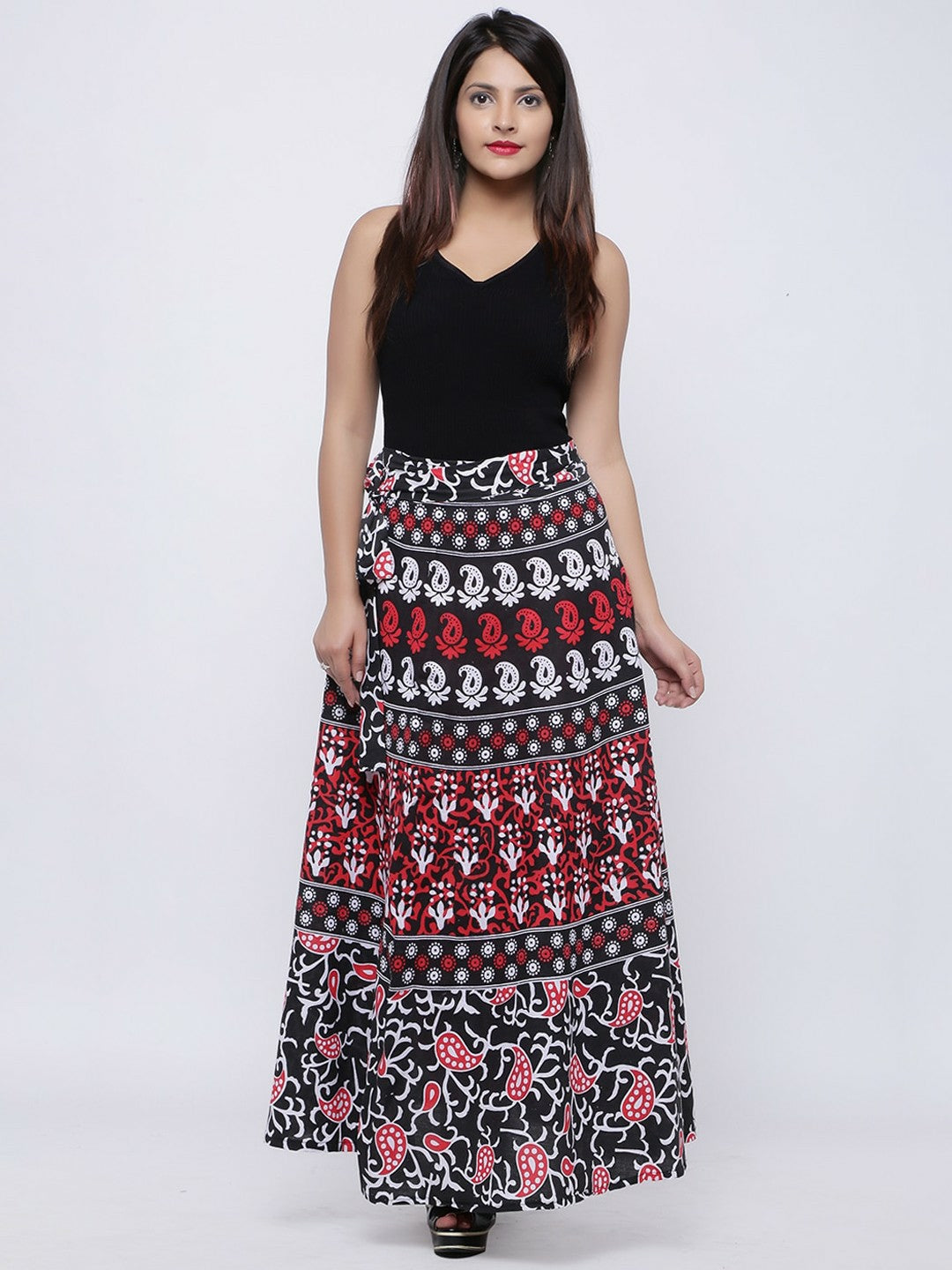 Boho Vintage Printed Wrap Around Maxi Skirt for Women | Elastic Waistband & Flared Hem