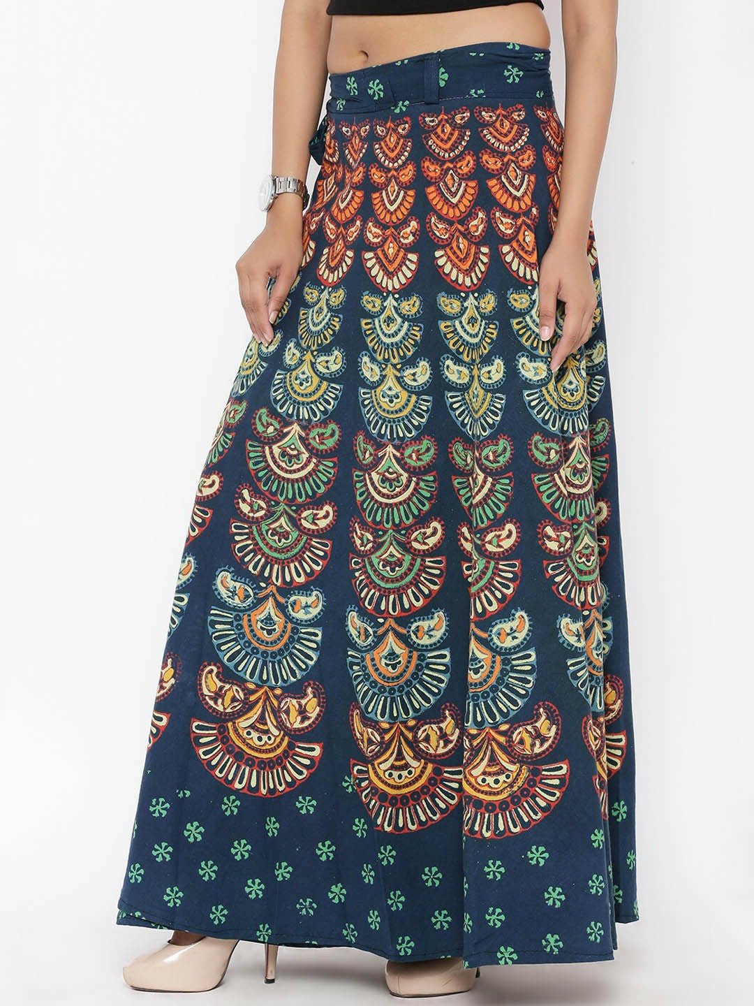 Bohemian Ethnic Motifs Green & White Cotton Wrap Maxi Skirt | Vintage Boho Style