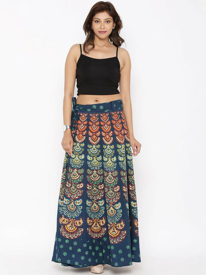 Bohemian Ethnic Motifs Green & White Cotton Wrap Maxi Skirt | Vintage Boho Style