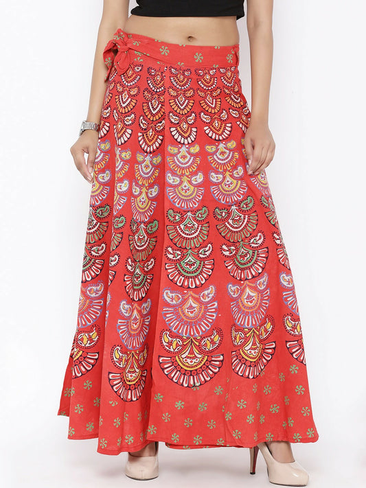 Coral Orange Ethnic Print Wrap-Around Boho Maxi Skirt for Women | Vintage Bohemian Style