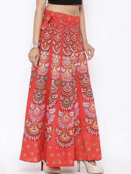 Coral Orange Ethnic Print Wrap-Around Boho Maxi Skirt for Women | Vintage Bohemian Style