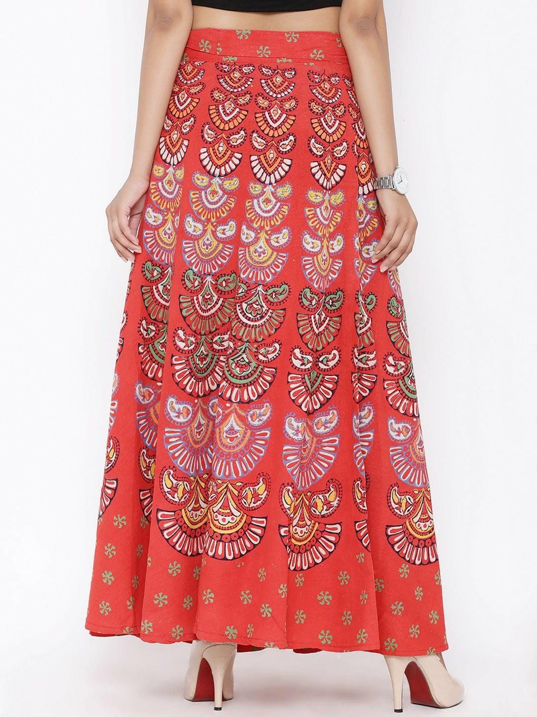 Coral Orange Ethnic Print Wrap-Around Boho Maxi Skirt for Women | Vintage Bohemian Style