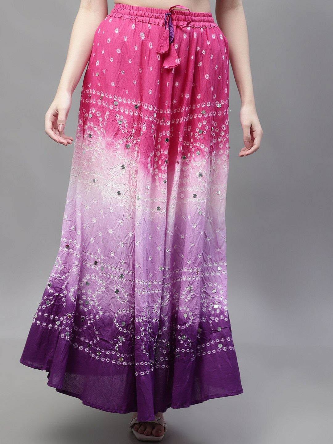 Boho Bandhani Printed Maxi Skirt for Women | Pink, White & Purple Flared Cotton Skirt