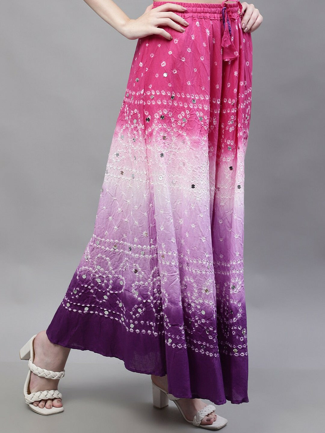 Boho Bandhani Printed Maxi Skirt for Women | Pink, White & Purple Flared Cotton Skirt