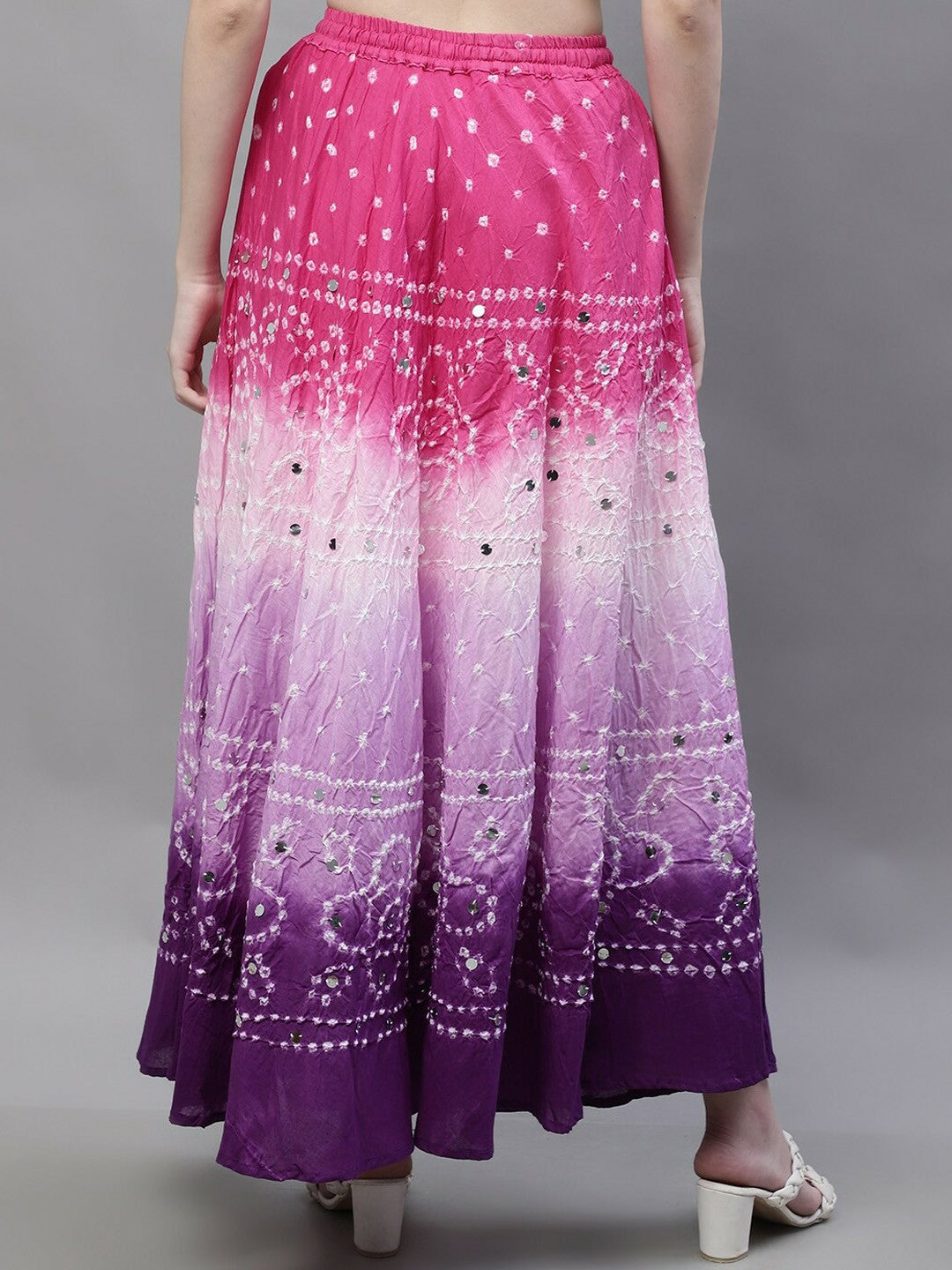 Boho Bandhani Printed Maxi Skirt for Women | Pink, White & Purple Flared Cotton Skirt