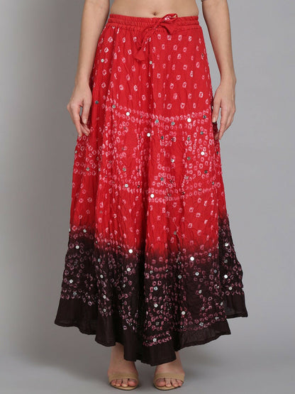 Red & Black Boho Bandhej Cotton Maxi Skirt for Women | Flared Tie-Dye Skirt with Elasticated Waist