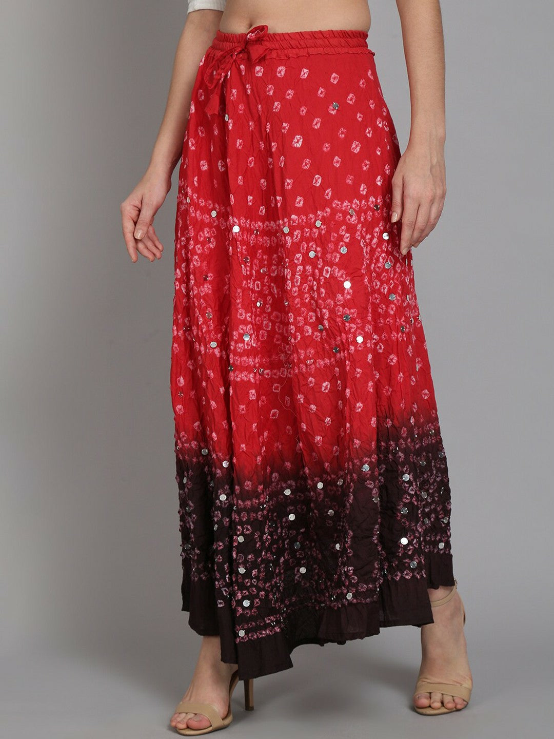 Red & Black Boho Bandhej Cotton Maxi Skirt for Women | Flared Tie-Dye Skirt with Elasticated Waist