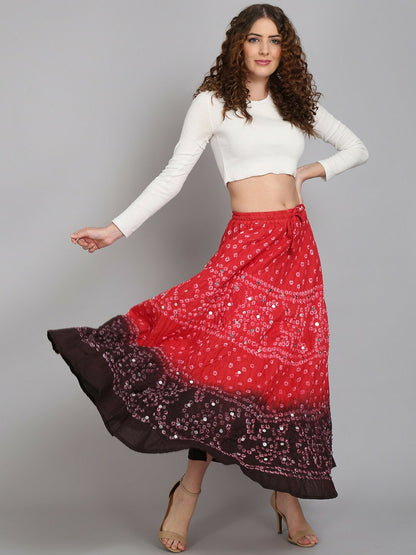 Red & Black Boho Bandhej Cotton Maxi Skirt for Women | Flared Tie-Dye Skirt with Elasticated Waist