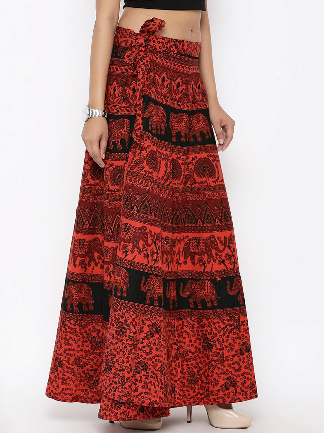 Vintage Bohemian Red & Black Printed Wrap Maxi Skirt for Women | Boho Style with Flared Hem