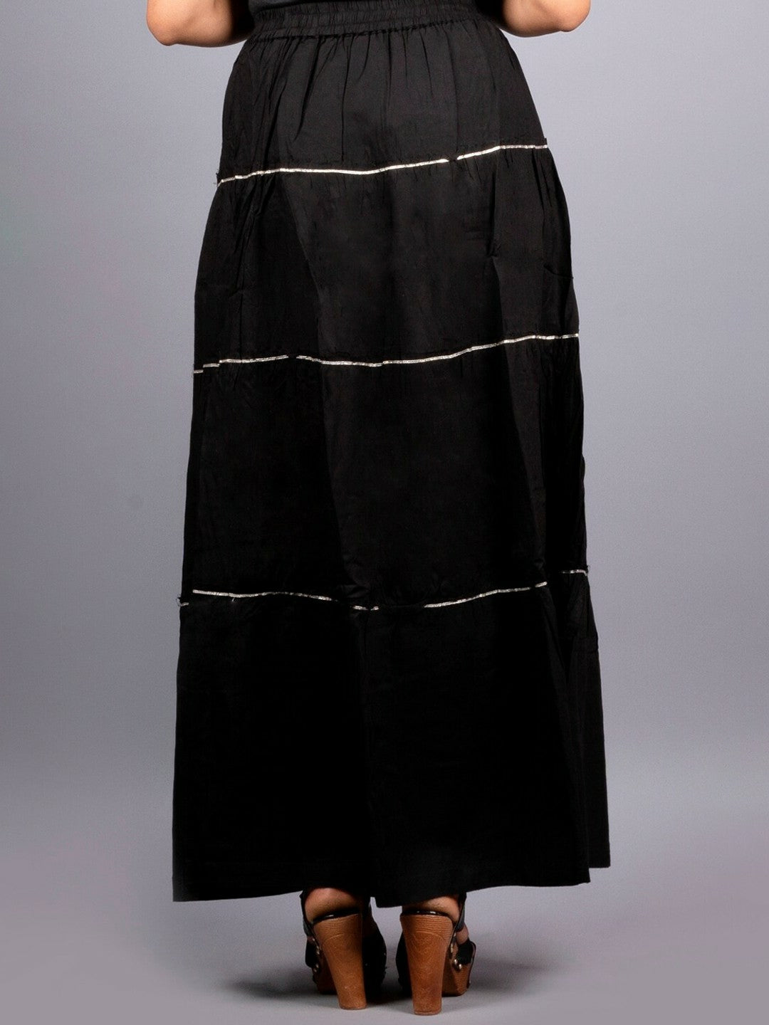 Black Flared Maxi Tulle Skirt for Women | Vintage-Inspired Skirt with Striped Detail