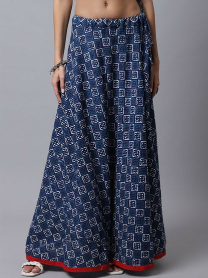 Navy Blue Bohemian Flared Skirt for Women | Vintage Boho Printed Cotton Skirt with Drawstring Closure