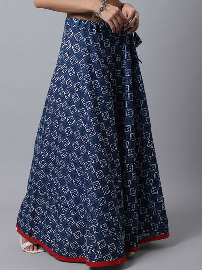 Navy Blue Bohemian Flared Skirt for Women | Vintage Boho Printed Cotton Skirt with Drawstring Closure