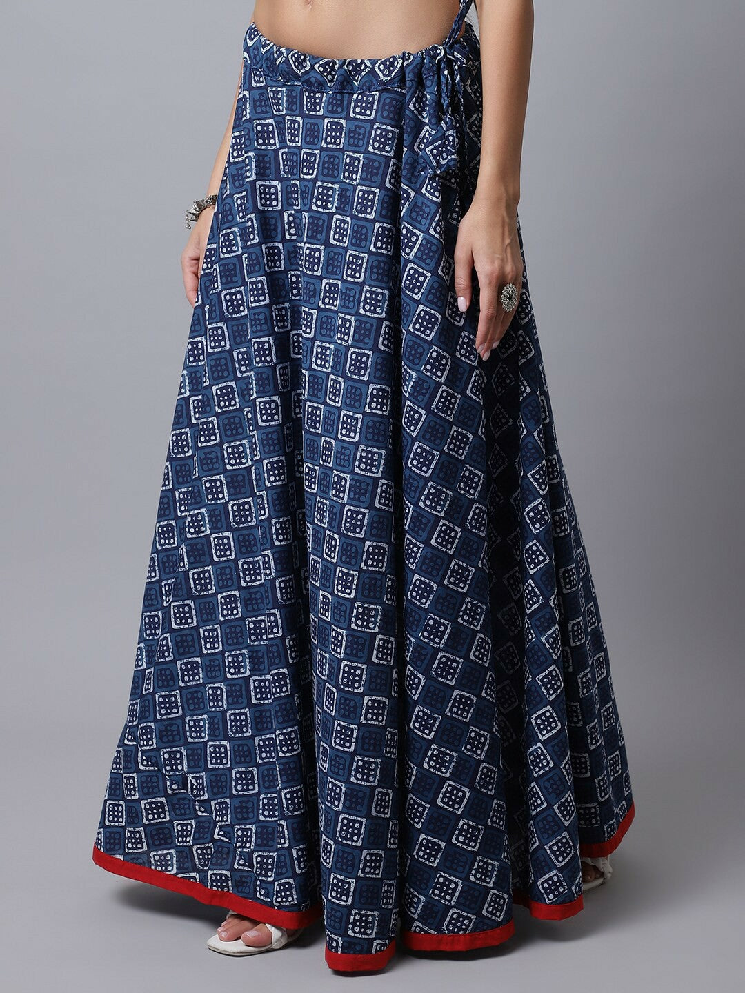 Navy Blue Bohemian Flared Skirt for Women | Vintage Boho Printed Cotton Skirt with Drawstring Closure