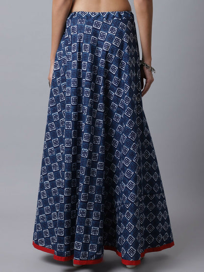 Navy Blue Bohemian Flared Skirt for Women | Vintage Boho Printed Cotton Skirt with Drawstring Closure