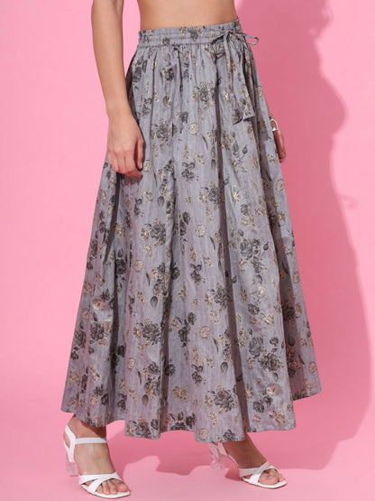 Vintage Bohemian Grey Printed Maxi Skirt for Women | Flared Boho Style with Floral Print