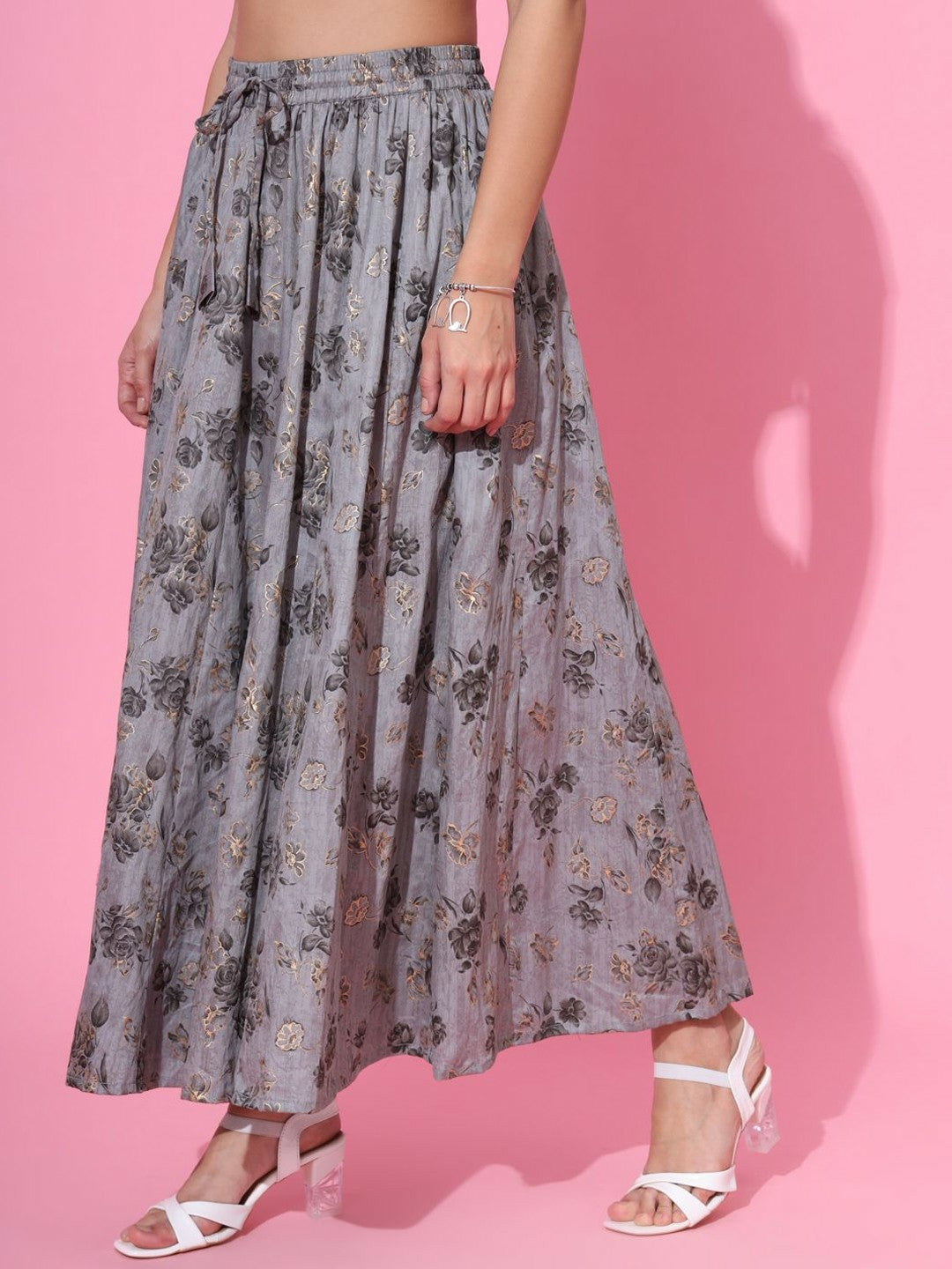 Vintage Bohemian Grey Printed Maxi Skirt for Women | Flared Boho Style with Floral Print